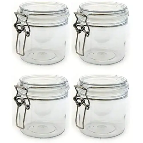 Die Grindstone | 400 ml (14 Oz) PET Kunststoff Kilner Gläser | Runder Klare Acryl Aufbewahrungsgläser | Verschließbare Mason Stil Behältnisse mit Klappverschluss | Mehrere Anwendungen | Luftdichte Verschlussdeckel mit Klickverschluss | Packung mit 4