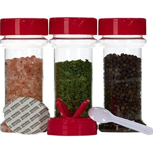 Spice Containers 10 sets - 7 oz. clear plastic pet spice jars storage container bottles with red sifter spoon caps - 10 bottles with caps - plus 2 mini spoons Spice Containers 10 sets - 7 oz. clear plastic pet spice jars storage container bottles with red sifter spoon caps - 10 bottles with caps - plus 2 mini spoons