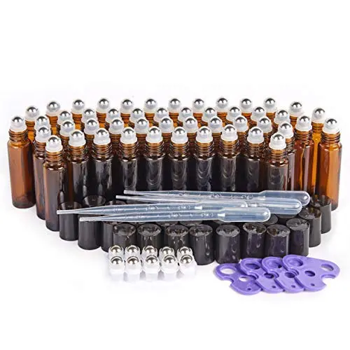 Ätheröl Rollerflaschen, 48er Pack USA/China, 10ml Glas Amber Rollerflaschen mit UV-Schutz und Edelstahlkugeln (4 Tropfer, 10 Extra Rollerkugeln, 4 Flaschenöffner, 48 Etiketten)