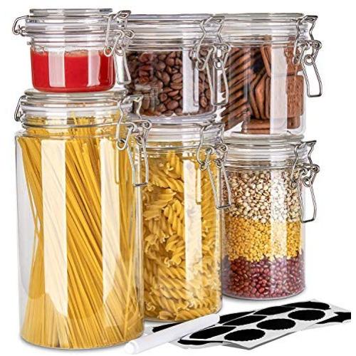 Storage Jars with Airtight/Water-tight Seal Lid Potable Clear PET Food Container Stackable for Kitchen & Bathroom Organizers of Dry Food, Juice, Jam, Cream, Lotion, Set of 6