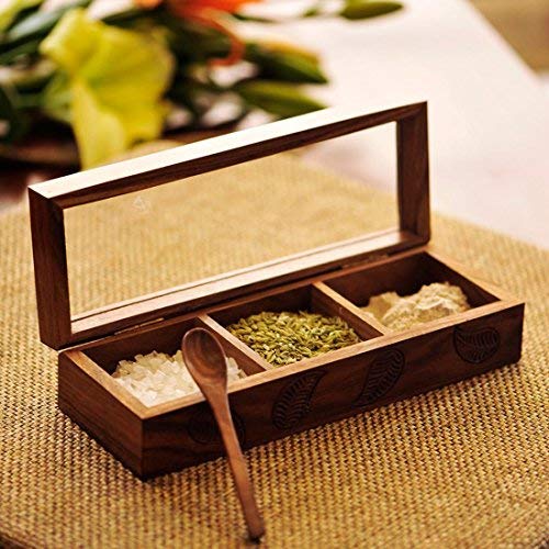 ExclusiveLane Wooden Hand Engraved Multi-Utility Cum Spice Box With Spoon In Sheesham Wood - Masala Dabba Spice Box Spice Rack Spice Organizer Spice Jars Storage Kitchen Box Ancient Cookware