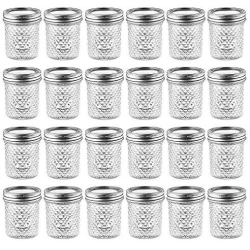 Mason Jars with Glass Lids 6 oz - Nellam Small Canning Jelly Jar Wide Mouth in Quilted Crystal for Airtight Kitchen Storage, Baby Food, Party Favors - Freezer & Microwave Safe - Set of 24, Silver