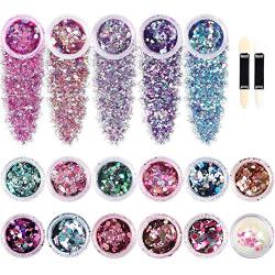 LIMGLIM 17pcs Mermaid Chunky Body Glitter Sequins Holographic Glitters Iridescent Flakes Hexagon Mixed Stars Shapes for Nails Art Crafts Eyes