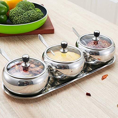 stainless steel Spice jar set Glass covered sugar bowl creative Spice jar storage container kitchen supplies-C