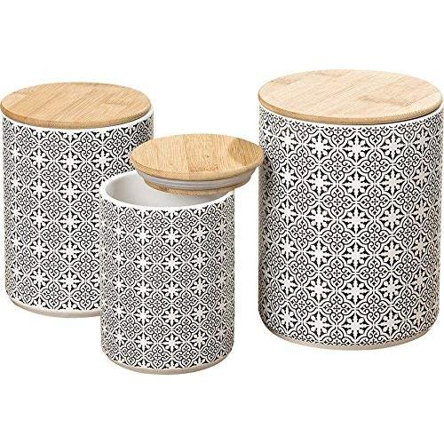 Gastro Chic Ikat Kitchen Jars, Set of 3, For Cookies, Dry Goods, Food Safe, White Glazed Ceramic, Wooden Tops, Rustic Black and White, 5, 4 3/4, 4 Inches Diameter