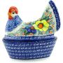 Polish Pottery 7?-inch Hen Shaped Jar (Summertime Blues Theme) Signature UNIKAT + Certificate of Authenticity