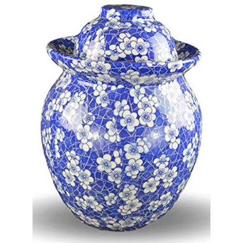 Porcelain Pickling Jar with 2 Lids Fermenting Pickling Kimchi Crock Food Storage Blue Cherry Blossom (10 IN)