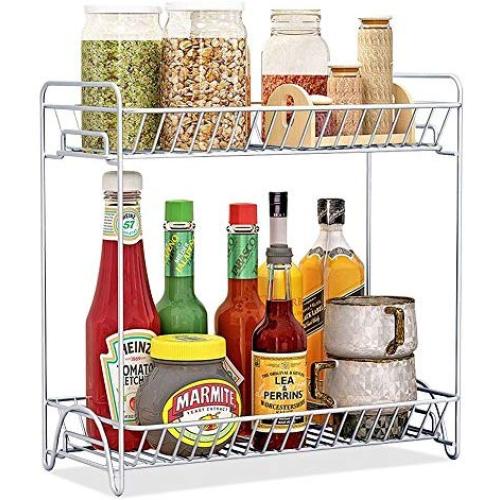 Spice Rack 2 Tier Standing Rack (Large Size), OOFO Kitchen Bathroom Countertop Storage Organizer Spice Jars Bottle Shelf Holder Rack