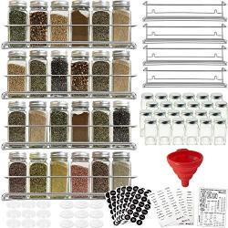 4 Spice Racks with 24 Glass Spice Jar & 2 Types of Printed Spice Labels by Talented Kitchen. Complete Set: 4 Wall Mount Stainless Steel Racks, 24 Square Empty Glass Jars 4oz, Chalkboard & Clear Label