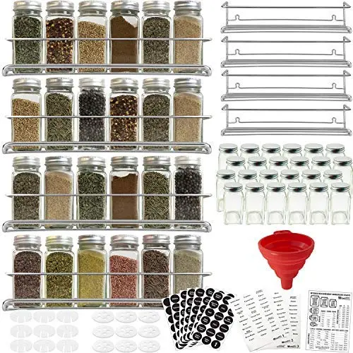 4 Spice Racks with 24 Glass Spice Jar & 2 Types of Printed Spice Labels by Talented Kitchen. Complete Set: 4 Wall Mount Stainless Steel Racks, 24 Square Empty Glass Jars 4oz, Chalkboard & Clear Label 4 Spice Racks with 24 Glass Spice Jar & 2 Types of Printed Spice Labels by Talented Kitchen. Complete Set: 4 Wall Mount Stainless Steel Racks, 24 Square Empty Glass Jars 4oz, Chalkboard & Clear Label