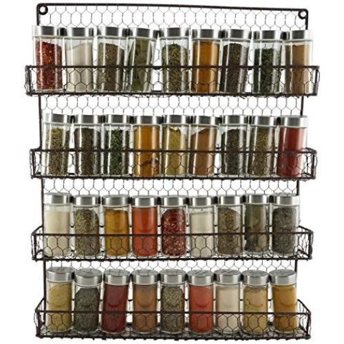 4 Tier Metal Spice Rack Wall Mount Kitchen Spices Organizer Pantry Cabinet Hanging Herbs Seasoning Jars Storage Closet Door Cupboard Mounted Holder Raw Rustic Brown