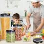 ME.FAN Airtight Food Storage Container Set [7-Piece Set] Durable Seal Pot- Cereal Storage Containers - 24 Chalkboard Label - Kitchen Cabinet Organization - BPA Free - Clear Plastic with Black Lid