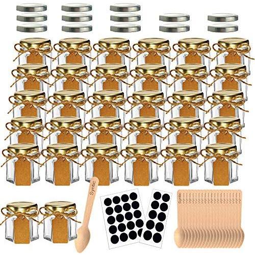 Syntic 32 Pcs 1.5 oz Hexagon Jars/Glass Jars with Gold Lids, Small Mason Jars for Wedding, Party Favors, Extra 13 Silver Lids, Chalkboard Labels, Tag String, 30 Disposable Wooden Spoons Included