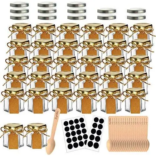 Syntic 32 x 1,5 oz Hexagon Gläser mit Golddeckeln, Kleine Mason Gläser für Hochzeit, Partygeschenke, + 13 Silberdeckel, Kreidebeschriftungen, Aufhängeschlaufen, 30 Einweglöffel
