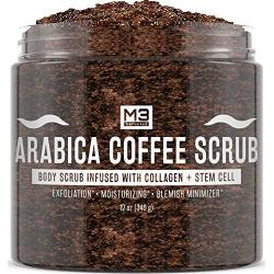 M3 Naturals Arabica Coffee Scrub Infused with Collagen and Stem Cell - Natural Body and Face Scrub for Acne, Cellulite, Stretch Marks, Spider Veins, Scars - Skin Care Exfoliator 12 oz