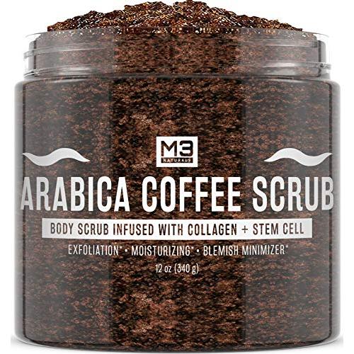 M3 Naturals Arabica Coffee Scrub Infused with Collagen and Stem Cell - Natural Body and Face Scrub for Acne, Cellulite, Stretch Marks, Spider Veins, Scars - Skin Care Exfoliator 12 oz