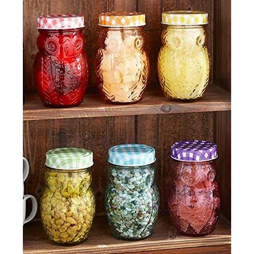 Set of 6 Owl Jars Canisters Gingham Checkered Lids Colorful Glass Kitchen Decor Food Storage
