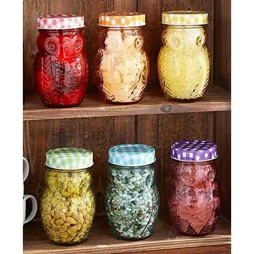 Set of 6 Owl Jars Canisters Gingham Checkered Lids Colorful Glass Kitchen Decor Food Storage