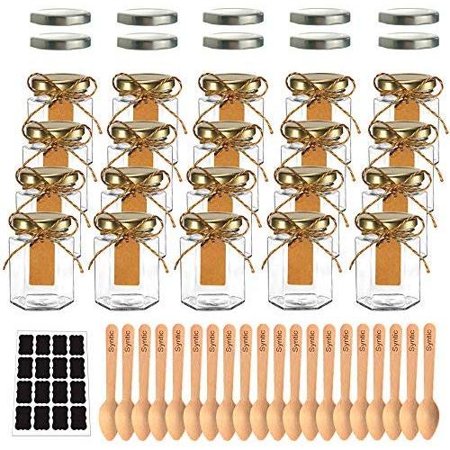 Syntic 20 Pcs 4 oz Hexagon Jars/Glass Jars with Gold Lids, Canning Jars for Wedding, Party Favors, Extra 10 Silver Lids, Chalkboard Labels, Tag Strings, 20 Disposable Wooden Spoons Included