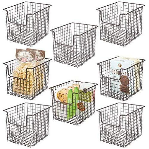 mDesign Household Metal Kitchen Pantry Food Storage Organizer Basket Bin - Farmhouse Grid Design or Cabinets, Cupboards, Shelves - Holds Potatoes, Onions, Fruit - 8" Wide, 8 Pack - Bronze