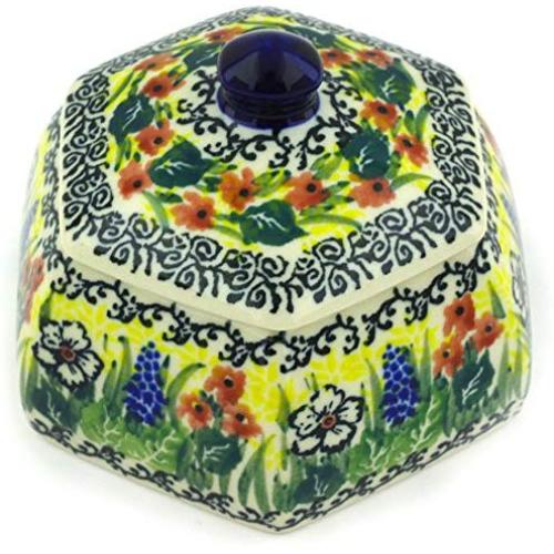 Polish Pottery 4-inch Jar with Lid made by Ceramika Artystyczna (Copper Rose Meadow Theme) Signature UNIKAT + Certificate of Authenticity