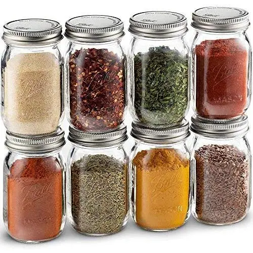 Ball Spice Jars; Mini Mason Jars 4 oz. Set of 8 Small Glass Storage Jars With Lids - For Herbs & Spices, Jelly, Honey Jars, (Not Canning) Favors, DIY & Crafts - Bundled With SEWANTA 28 Spice Labels