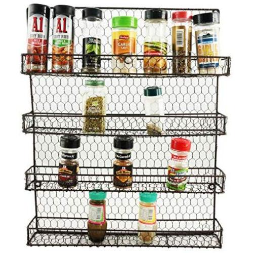 Metal Spice Rack Kitchen Wall Mount 4 Tier Metal Wire Spices Organizer Pantry Cabinet Chicken Wire Hanging Wall Mounted Cupboard Herbs Seasoning Jars Storage Organizer Antique Brown