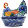 Polish Pottery 7?-inch Hen Shaped Jar (Bold Pansy Theme) Signature UNIKAT + Certificate of Authenticity