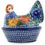 Polish Pottery 7?-inch Hen Shaped Jar (Bold Pansy Theme) Signature UNIKAT + Certificate of Authenticity