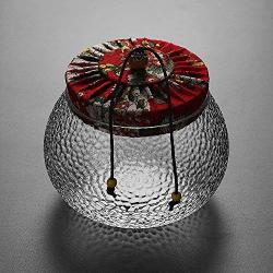 Shelf Floating Dragon Scales Pattern Storage Jar Handmade Glass Tea Pot With Wooden Cover Storage Tank 520ml. (Color : Red)