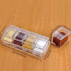 MONICA Clear Seasoning Rack Spice Pots-4 Piece Pure Acrylic Seasoning Box-Storage Container Condiment Jars-Cruet with Cover and Spoon-Included 2 Microfibre Cloths