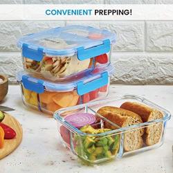 Glass Meal Prep Containers 3-Compartment - 3-Pack 32 Oz. Freezer to Oven Safe Airtight Food Storage Container Set with Hinged Locking Lids BPA Free, Great On the Go Portion Control Lunch Containers