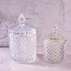 Storage Tank Rainbow Glass Candies with Glass Lid Jewelry Honey Salt Sugar Coffee Powder Glass Furnishings Decor (Diamond color, 10.1 oz)