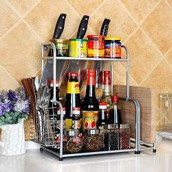 Kitchen Storage,2-Tier Spice Rack- Kitchen Countertop Spice Rack, Seasoning Can Organizer Shelf, 2-layer Storage Shelf, With Knife Holder And Chopping Block for Spice Jar, Can, Bottle and more Cutlery