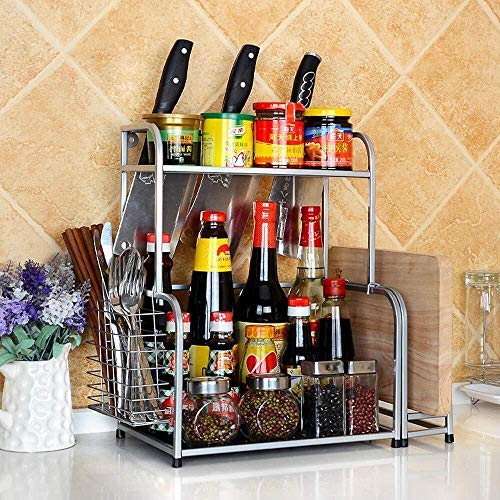 Kitchen Storage,2-Tier Spice Rack- Kitchen Countertop Spice Rack, Seasoning Can Organizer Shelf, 2-layer Storage Shelf, With Knife Holder And Chopping Block for Spice Jar, Can, Bottle and more Cutlery