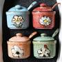 Japanese Retro Flower Pattern Sugar Bowl Sugar Dispenser Salt Pepper Storage Jar Pot Container Seasoning Pot Holder with Lid and Spoon for Home Kitchen,5.4 Oz, Green