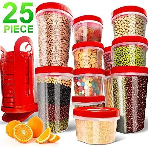 Elegant Life BPA Free Leakproof Durable Plastic Storage Container Set with Rotating Rack for Flour, Sugar, Cereals Safe for Microwave/Freezer/Dishwasher, Racer Red