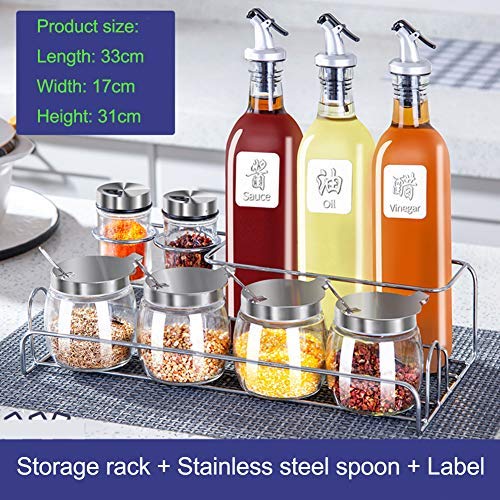 Multi-purpose Condiment Jar Set, Stainless Steel Spice Container Rack Glass Spice Jars Spoon Member Kitchen Storage Tool-h