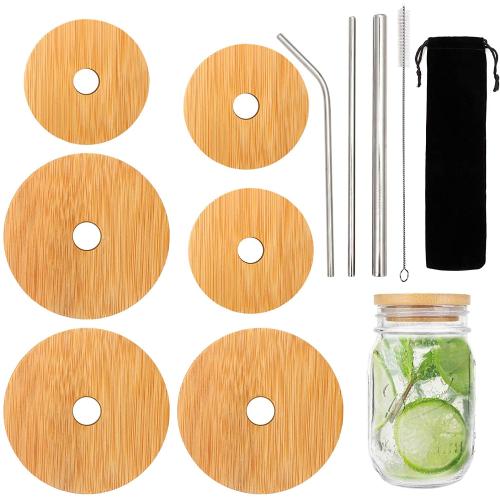 QUIENKITCH 6 Pack Mason Jar Lids with Straw Hole, Bamboo Mason Jar Lids for Wide and Regular Mouth Mason Jar with Stainless Steel Straws & Brush