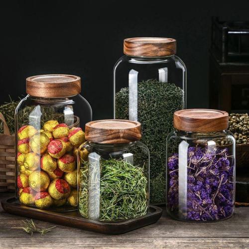 Large acacia wood lid storage jar tangerine peel jar household round transparent high peng silicon glass sealed jar tea jar