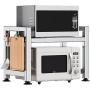 Extendable Microwave Oven Rack, Microwave Shelf Adjustable Over Microwave Stand Countertop 2-Tier Stainless Steel Organizing Rack with 4 Hooks for Kitchen Utensils Tableware Storage