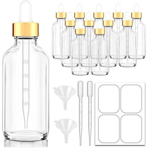 Dropper Bottles, 4oz Clear/amber/pink Glass Eye Dropper Bottle for Essential Oils with Labels and Funnels, 12 Pack Tincture Bottles with Golden Top (Unbreakable Plastic Dropper with Measurements)