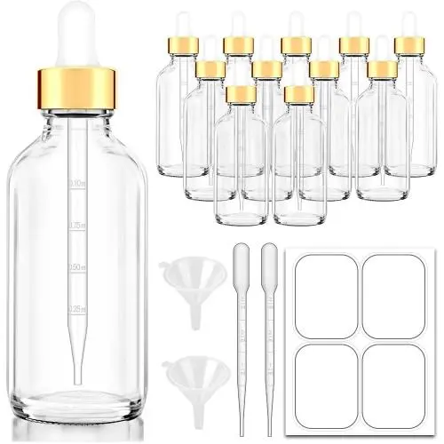 Dropper Bottles, 4oz Clear/amber/pink Glass Eye Dropper Bottle for Essential Oils with Labels and Funnels, 12 Pack Tincture Bottles with Golden Top (Unbreakable Plastic Dropper with Measurements) Dropper Bottles, 4oz Clear/amber/pink Glass Eye Dropper Bottle for Essential Oils with Labels and Funnels, 12 Pack Tincture Bottles with Golden Top (Unbreakable Plastic Dropper with Measurements)