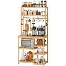 BMOSU Bakers Rack Bamboo for Kitchen with 12 S-Shaped Hooks Coffee Bar Table Kitchen Microwave Stand Open Storage Shelves Kitchen Utility Storage