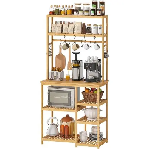 BMOSU Bakers Rack Bamboo for Kitchen with 12 S-Shaped Hooks Coffee Bar Table Kitchen Microwave Stand Open Storage Shelves Kitchen Utility Storage