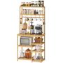 BMOSU Bakers Rack Bamboo for Kitchen with 12 S-Shaped Hooks Coffee Bar Table Kitchen Microwave Stand Open Storage Shelves Kitchen Utility Storage