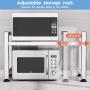 Extendable Microwave Oven Rack, Microwave Shelf Adjustable Over Microwave Stand Countertop 2-Tier Stainless Steel Organizing Rack with 4 Hooks for Kitchen Utensils Tableware Storage