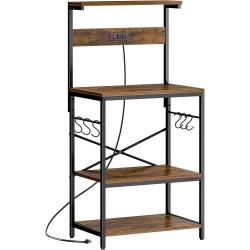 SUPERJARE Kitchen Bakers Rack with Power Outlet, Coffee Bar Table 4 Tiers, Kitchen Microwave Stand with 6 S-shaped Hooks, Kitchen Storage Shelf Rack for Spices, Pots and Pans - Rustic Brown