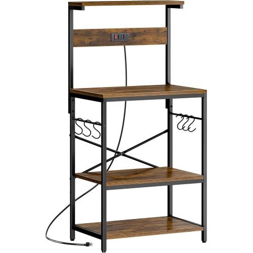 SUPERJARE Kitchen Bakers Rack with Power Outlet, Coffee Bar Table 4 Tiers, Kitchen Microwave Stand with 6 S-shaped Hooks, Kitchen Storage Shelf Rack for Spices, Pots and Pans - Rustic Brown