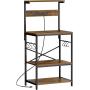 SUPERJARE Kitchen Bakers Rack with Power Outlet, Coffee Bar Table 4 Tiers, Kitchen Microwave Stand with 6 S-shaped Hooks, Kitchen Storage Shelf Rack for Spices, Pots and Pans - Rustic Brown